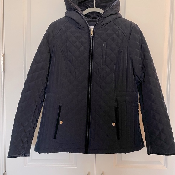 NWOT Laundry by Shelli Segal Navy Quilted Jacket w Hood Velvet Trim Fleece; Lg - Picture 15 of 15